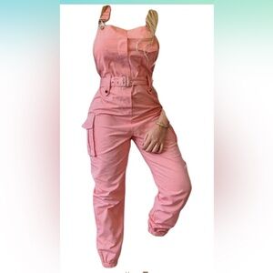 Women's Sleeveless Jumpsuits - Cargo Overalls with Pockets in pink